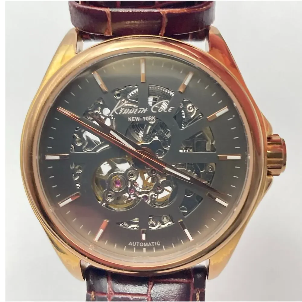 Kenneth Cole KC1549  Mens Automatic Watch 42mm Skeleton Back - WR  Leather Strap - Picture 3 of 13
